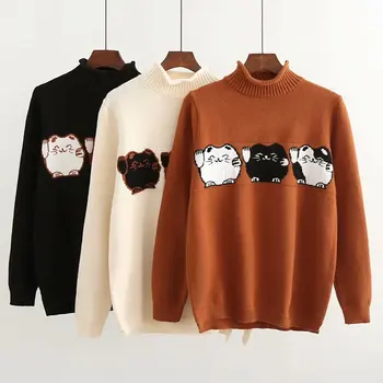 

Fall 2019 Women Casual Cute Cartoon Funny Cat Sweaters Long Sleeve Turtleneck Pullovers