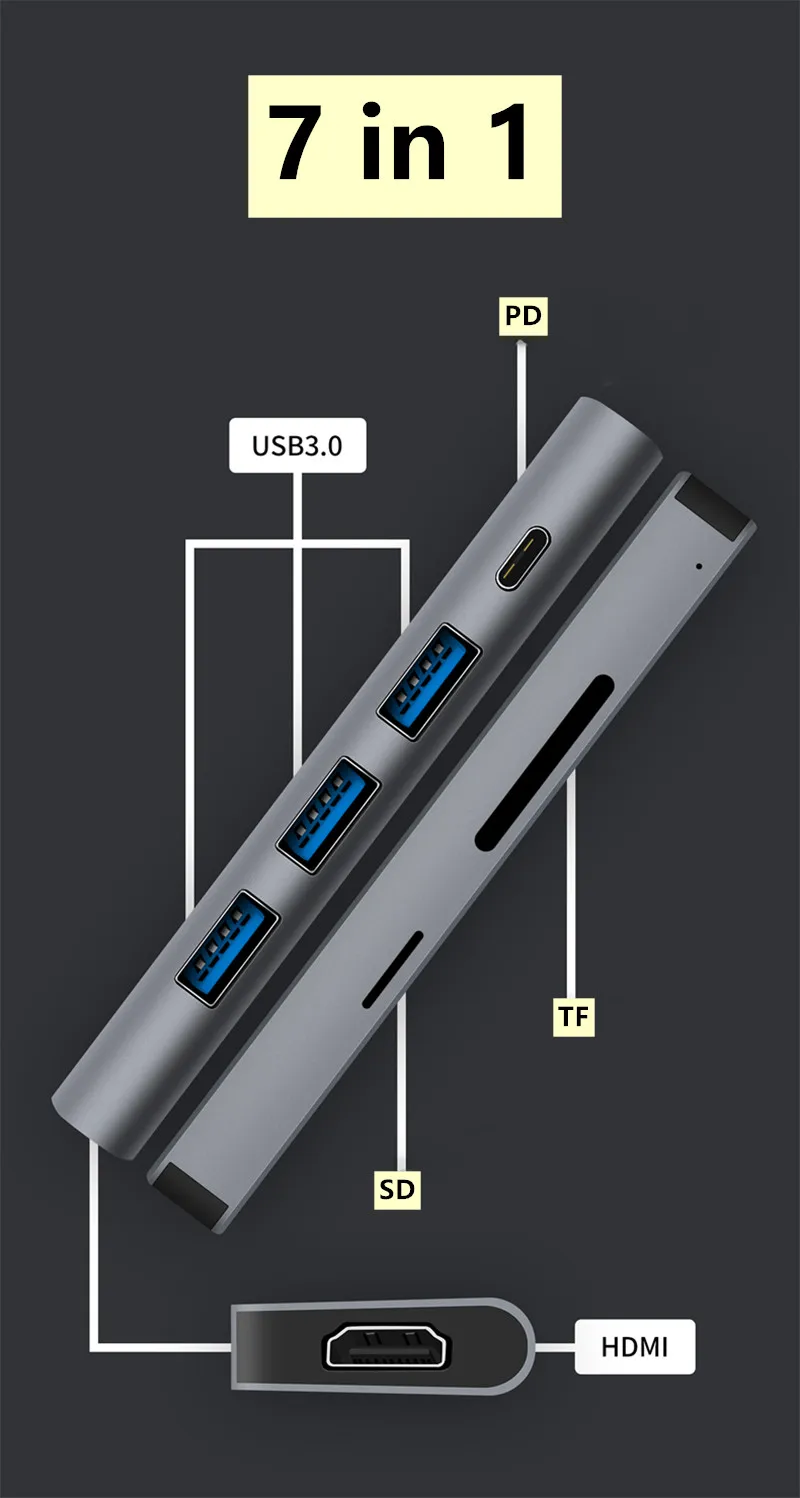 Veggieg USB C концентратор, 7 в 1 USB C адаптер с 4K HDMI, USB 3,0 порты, TF/SD кардридер, и PD для MacBook Pro //