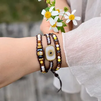 

High End Leather Wrap Bracelets Natural Stone Jade Beaded Triple Boho Bracelet Handmade Beads Jewelry Wholesale