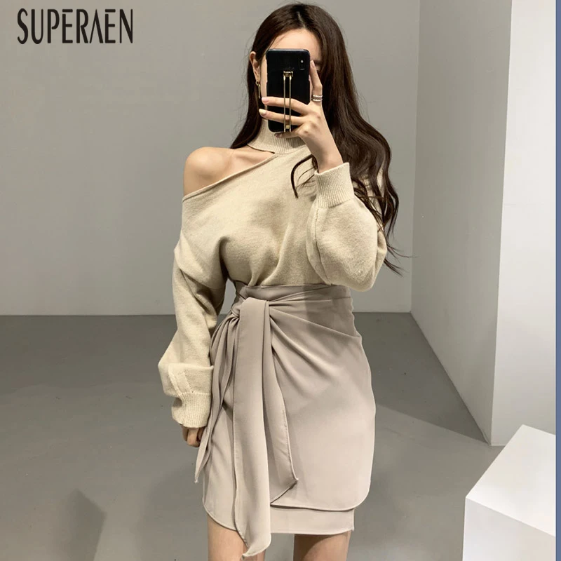 SuperAen, корейский стиль, женские комплекты, дикие, повседневные, с открытыми плечами, женские пуловеры, свитер, нерегулярные кружева, высокая талия, юбка, новинка