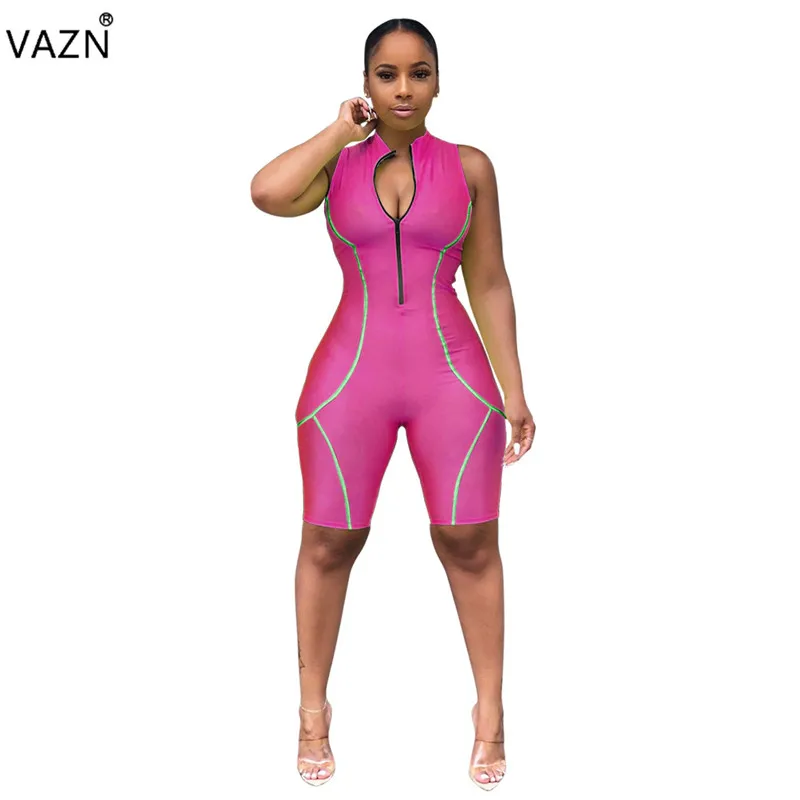 VAZN MD225, лето, последняя мода, снижение возраста, Повседневный, модный, однотонный, на молнии, с высокой талией, женский спортивный костюм, мини-комбинезон