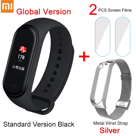 Xiaomi mi Band 4 Global language mi Band 3 фитнес-браслет AMOLED цветной экран 50 м Swi mi ng водонепроницаемый пульсометр - Цвет: GB Add Metal Strap