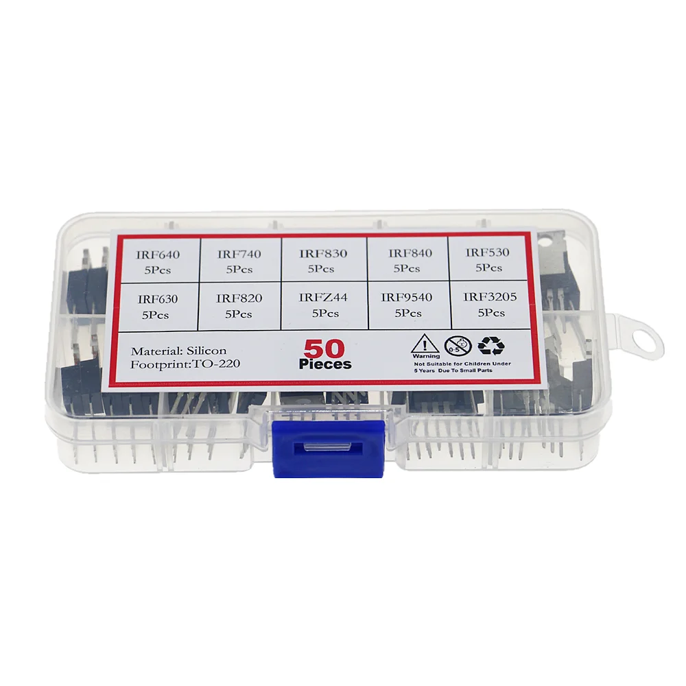 Transistors Kit Mosfet Transistor 50Pcs/box 10 Values Mosfet Transistor Kit IRF3205 IRF640 IRF740 IRF830 IRF840 IRF530 IRF630 IRF820 IRFZ44 IRF9540 IRF820