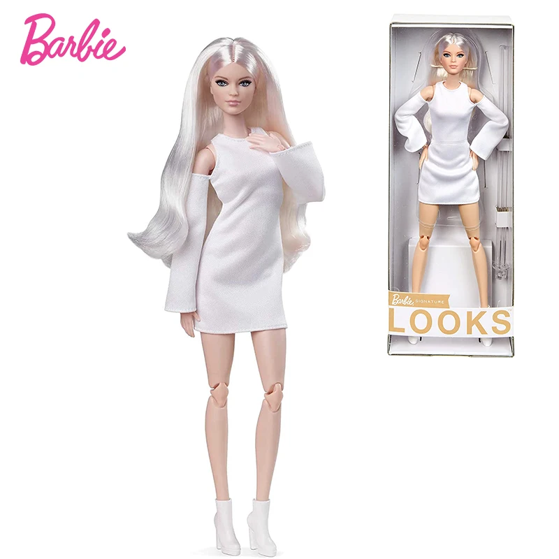 

Barbie Signature Looks Doll Tall Blonde Fully Posable Fashion Doll Wearing White Dress Platform Boots Girl Toy Birthday Gift