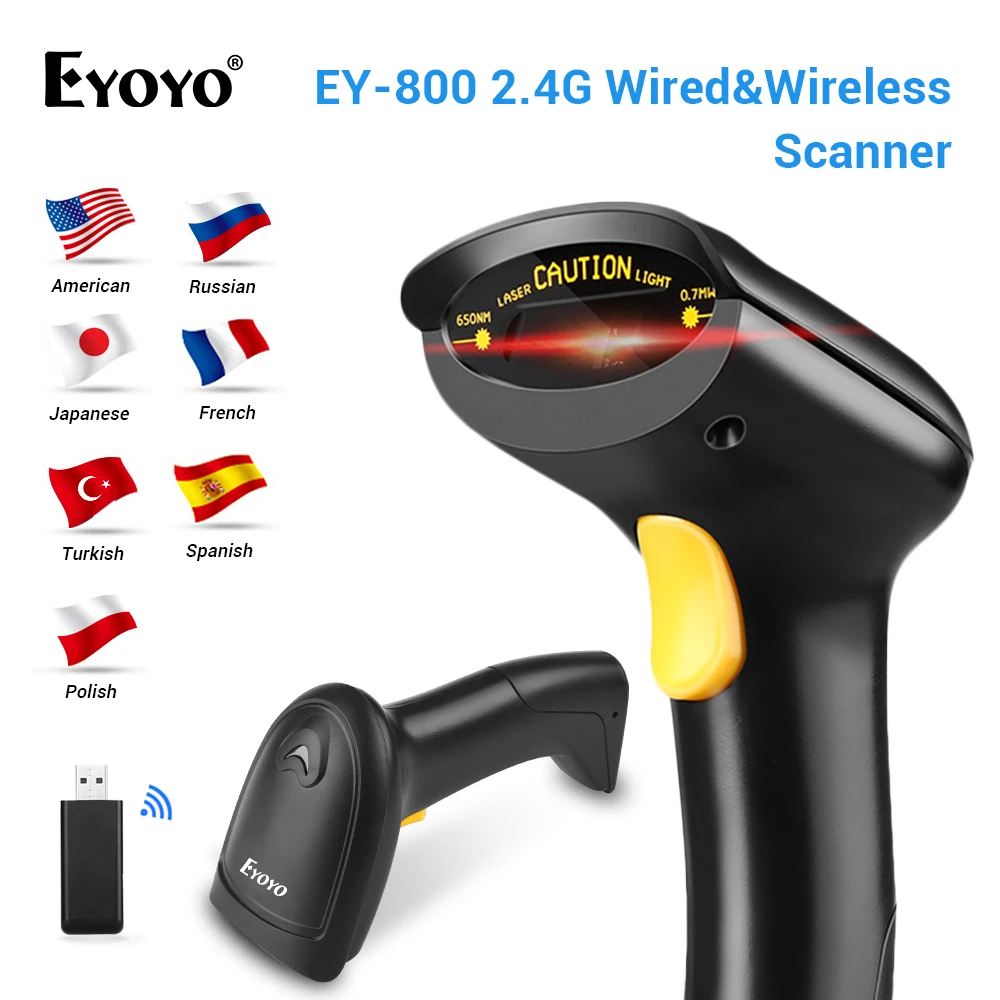 

Eyoyo 1D Wireless Barcode Scanner 2-in-1 2.4G 1D Image Scanner with USB Receiver Work with PC POS Multi Languages Scanner