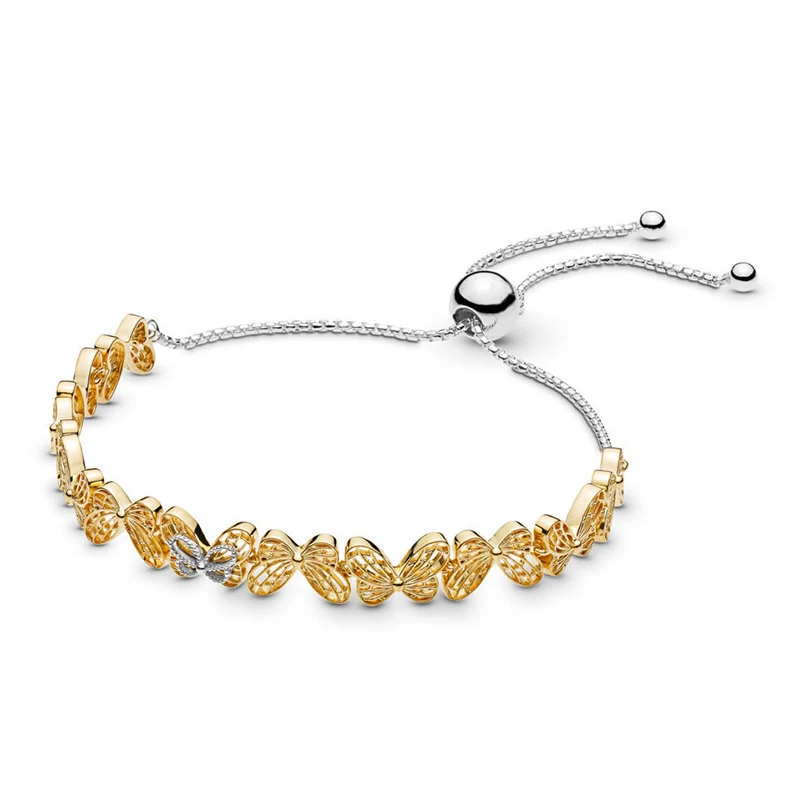 Новинка 925 пробы серебряные ажурные бабочки скользящий браслет блестящий золотой прозрачный CZ для женщин Мода DIY ювелирные изделия подарок