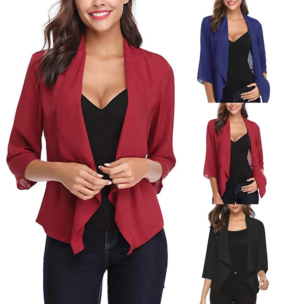 

Fashion Women's Open Front Light Cardigan 3/4 Sleeve Thin Chiffon Slim Overcoat Turn-down Collar Leather Clothing B1