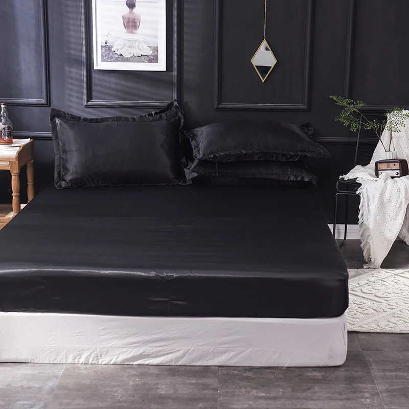 

Liv-Esthete 1PCS Rubber Sheet Black Luxury Fitted Sheet On Elastic Band Mattress Cover Bed Linen Euro Decoration Bedclothes