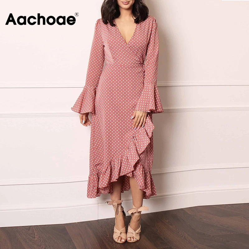 Aachoae Elegant V Neck Polka Dot Women Maxi Dress 2020 Flare Sleeve Wrap Split Party Dress Long Ruffle Casual Dresses Robe Femme Aachoae Elegant V Neck Polka Dot Women Maxi Dress 2020 Flare Sleeve Wrap Split Party Dress Long Ruffle Casual Dresses Robe Femme