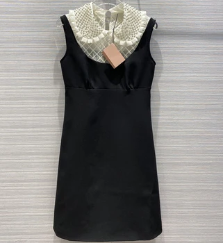 

HIGH QUALITY women sweet mesh plaid patchwork beading ruched ruffles collar dresses designer celebrity sleeveless tank dress S66