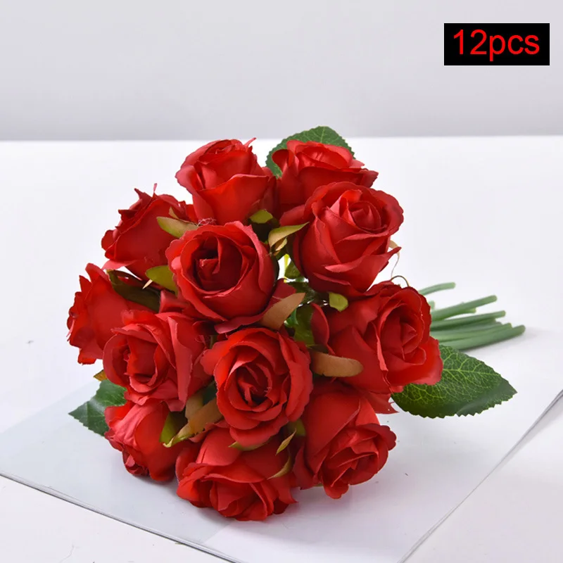 12pcs-red Искусственный Букет роз для дома Свадебные Декоративные Шелковые цветы букеты невесты Рождественские цветы поддельные цветы осенние украшения - Цвет: 12pcs-red