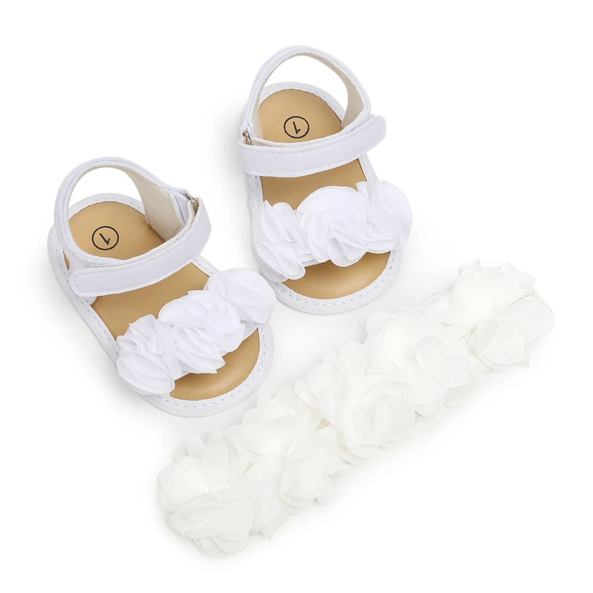 Популярная летняя обувь для маленьких девочек сандалии с цветами для новорожденных девочек повседневная обувь на мягкой подошве с крючком+ повязка на голову, комплект из 2 предметов - Цвет: Белый