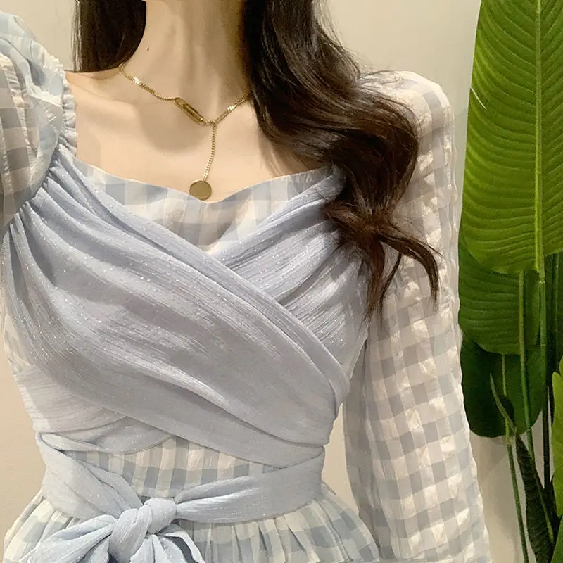 Spring And Autumn French Retro Bubble Long-Sleeved Tie Ruffled Plaid DressMid-Length Princess Dress Blue Sweet Temperament Dress sweater dress