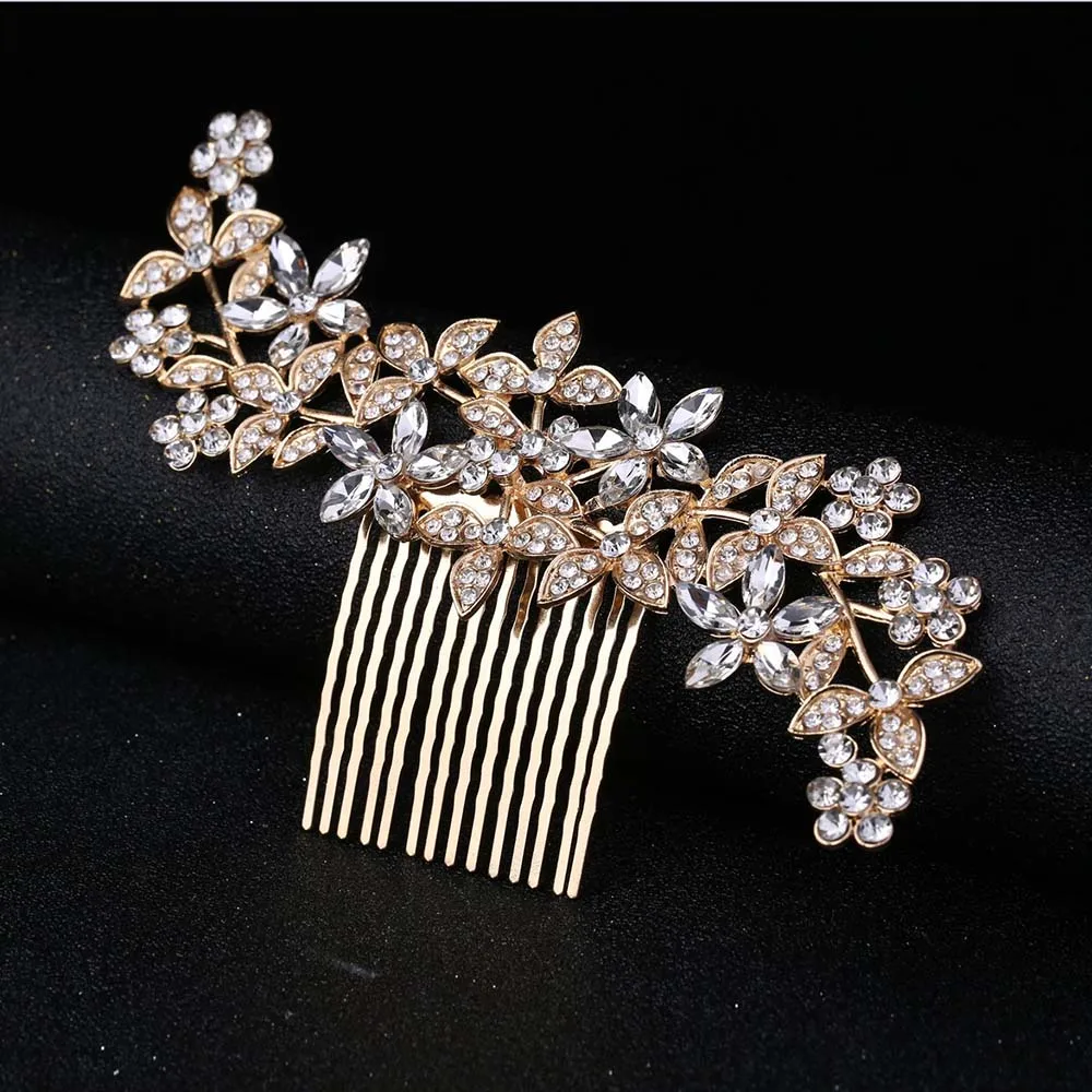 TREAZY Vintage Large Floral Bridal Hair Combs Rhinestone Crystal Wedding Tiara Hair Jewelry European Design Hair Accessories 