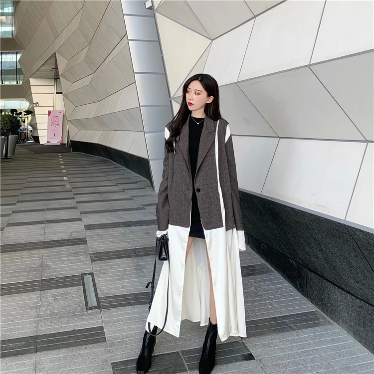 autumn new stitching trench coat in the long paragraph suit loose temperament long-sleeved blazer
