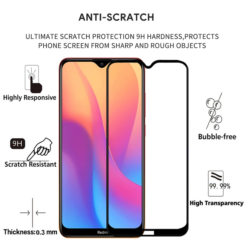 2 шт.,,, полное покрытие, закаленное стекло для XIAOMI Redmi 8, 8A, защита экрана, 9 H, защитный стеклянный чехол для Redmi8A, пленка