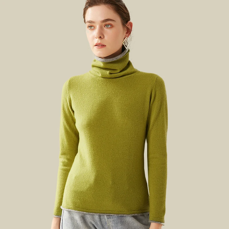 real wool sweater turtleneck winter women's patchwork double layer high collar warm pullover female long sleeves casual sweaters