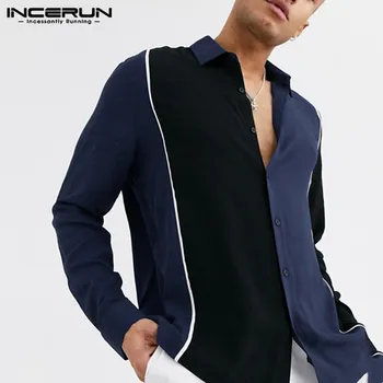 

Fashion Men Patchwork Long Sleeve Lapel Business Casual Shirt Street Trend Joker Comfort Slim Fitness Button Mens Blouse INCERUN