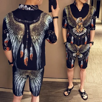 

Fashion 2020 New Mens T-shirt Set Personality Eagle Print Casual Shirt Short Two-piece Men Sportswear Set Men Shirt Sweat Suit