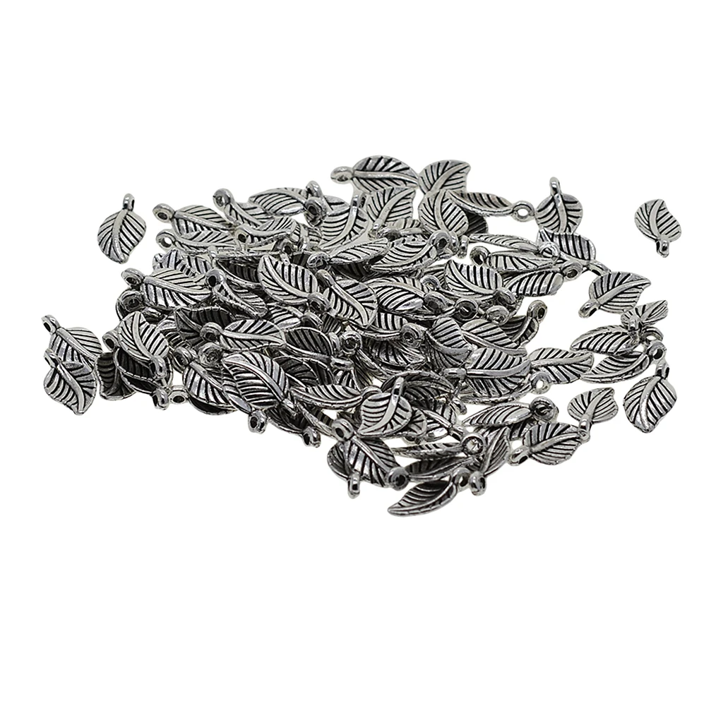 100x Retro Antique silver color Leaf Charms Dangle Beads DIY Pendant Jewelry Craft