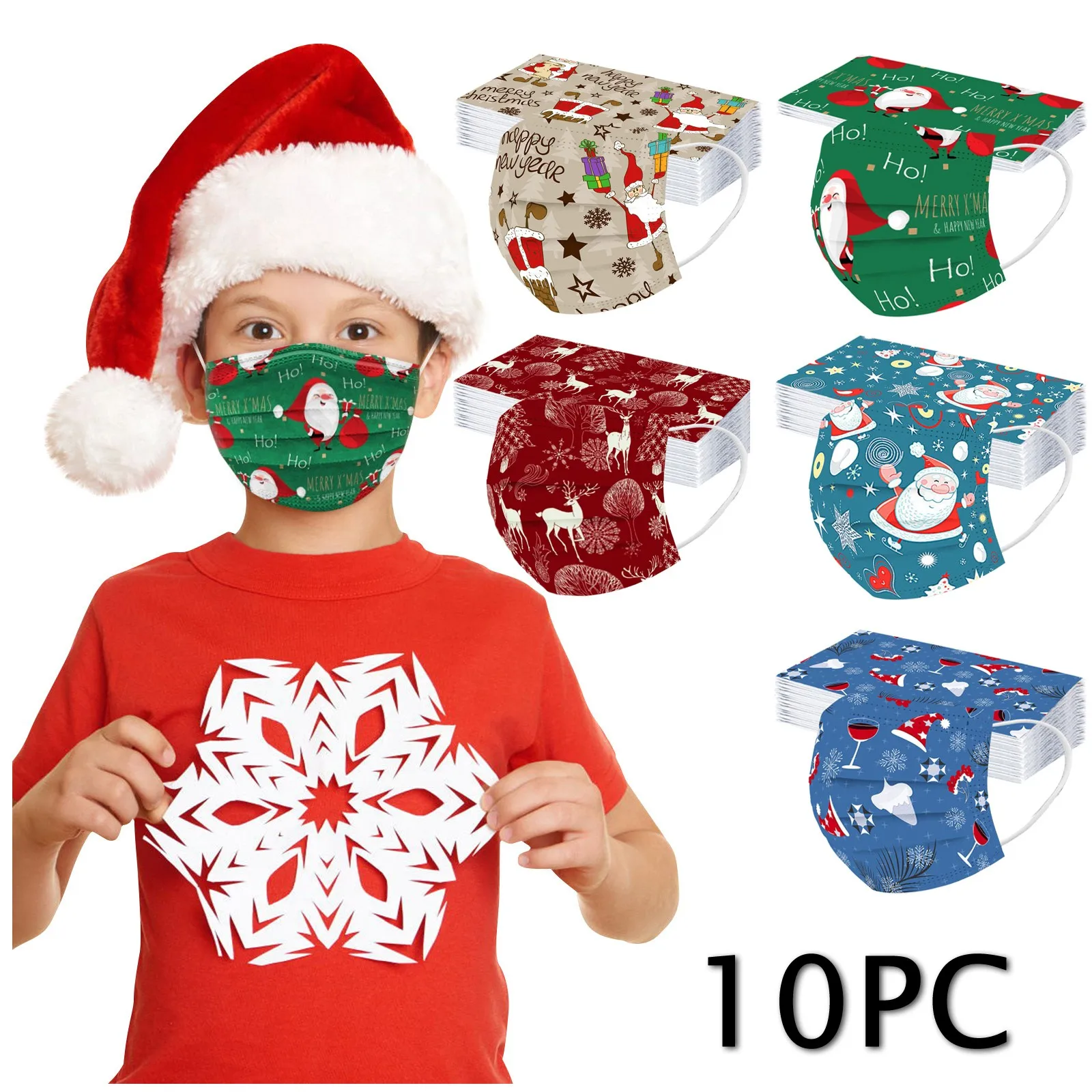 10pc Children Christmas Masks Disposable Face Mask Industrial 3 layer