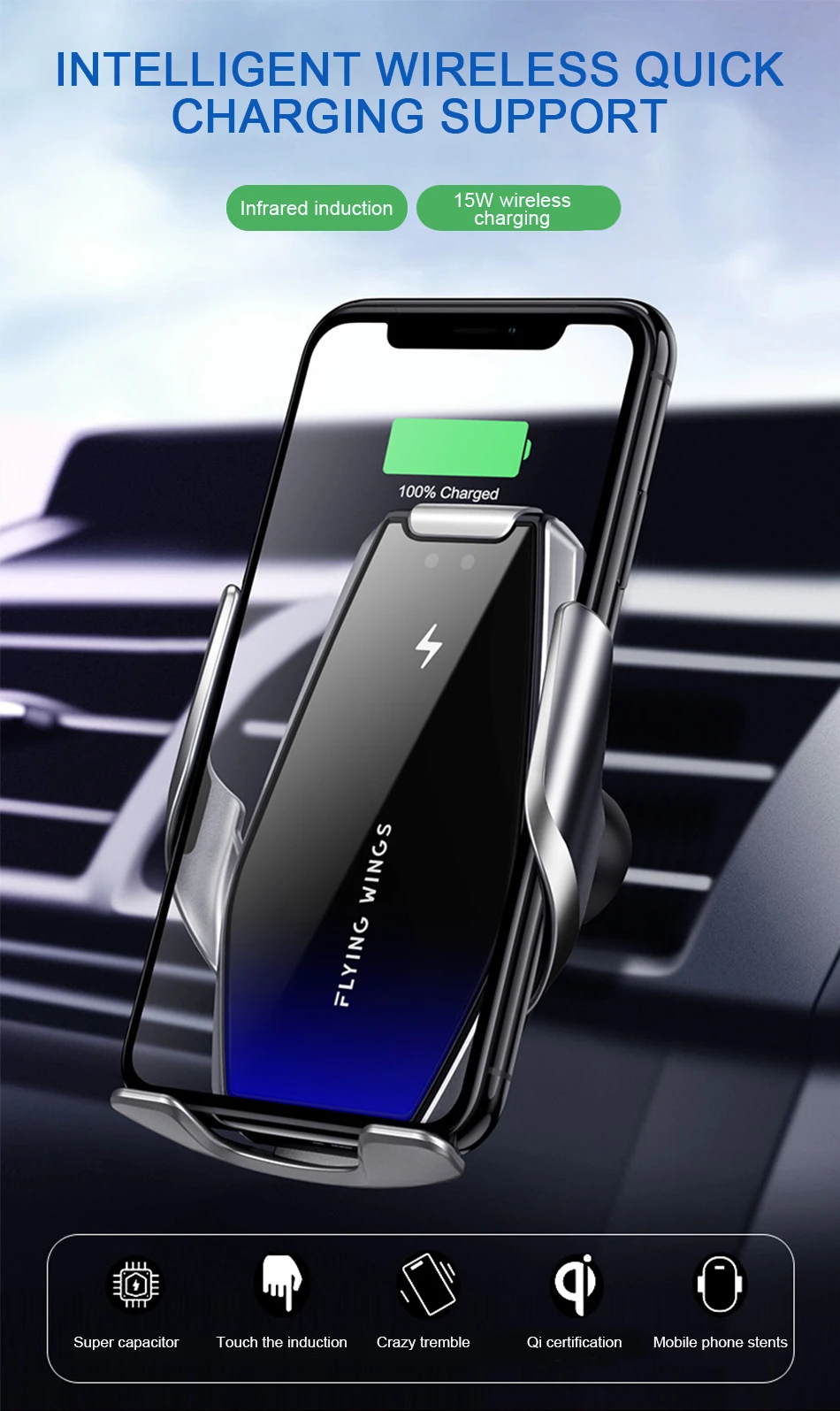 Wireless Charging Car Phone Holder S7 Automatic Clamping Phone Charger Bracket Fast Charging For IPhone Xiaomi Huawei Other