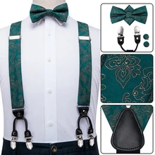 BD-3023, Hi-Tie, шелковые, для взрослых, мужские подтяжки, набор, кожа, металл, 6 зажимы подтяжек, модные, зеленые с пейсли, эластичные, свадебные подтяжки для мужчин