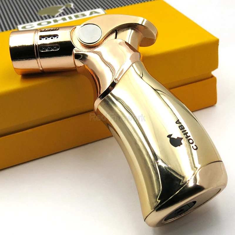 COHIBA высококачественная металлическая зажигалка для сигар, ветрозащитный фонарь с 4 пламенями, зажигалки для сигарет, огнеупорная зажигалка с подарочной коробкой - Цвет: Золотой