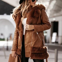 2021 Winter Tie Belt Faux Fur Jackets PU Leather Jackets Female Ladies Women Fashion Turn Down Collar Coats Women Elegant Solid