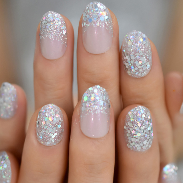 Silver Glitter Faux Ongles Short Black Nails Fake Bling Lady Artificial Acrylic Nail Tips for Fingers
