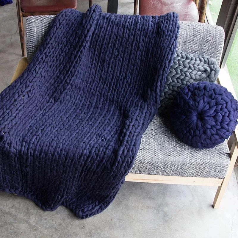 Одеяло с толстой нитью, ручная вязка, акриловое одеяло, узкая Скандинавская мебель, украшение интерьера, покрывало для дивана, одеяло - Цвет: Синий