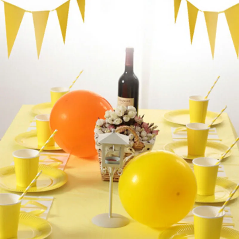 

Yellow Party Birthday Disposable Tableware Paper Straws Plates Napkins Solid Color Party Decoration