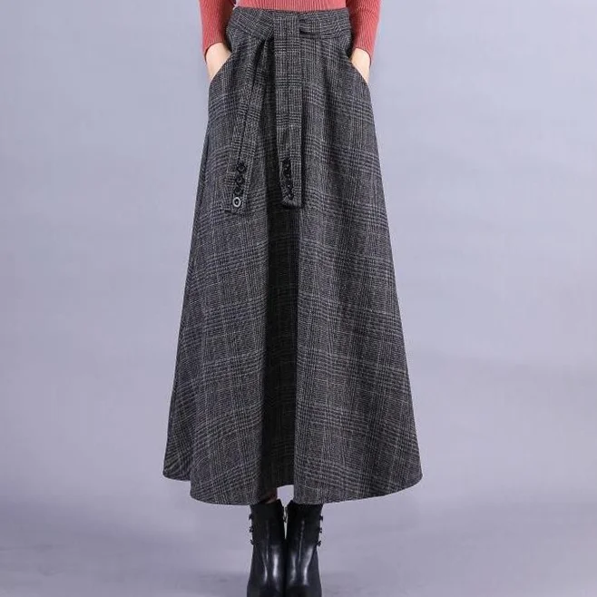 New Autumn Winter Women Fashion Sashes Plaid High Waist Skirt Pleated Sweet Style Woollen Women Skirts AQ687