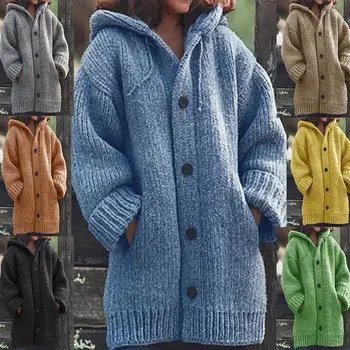 

2019 Fashion Autumn Winter Knitted Sweaters Hooded Outerwear Women Casual Button Long Sleeve Coats