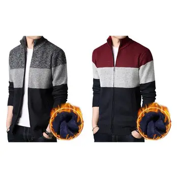 

Splicing Color Fleece Zipper Coat Men Thickened Knitted Cardigan Outwear Male Winter Warm Leisure Coats