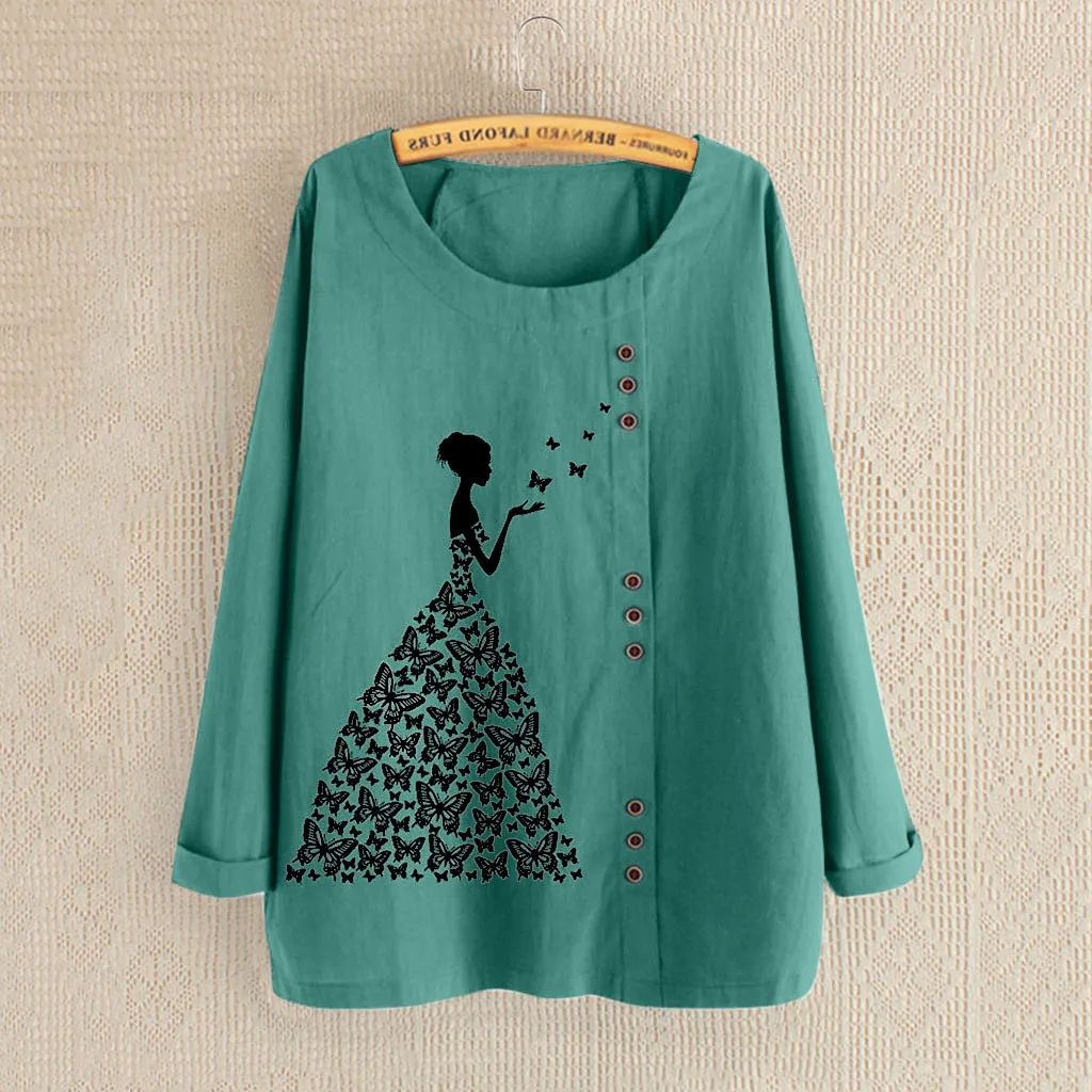 Женская льняная блузка большого размера, осенняя Модная рубашка с принтом и длинным рукавом, хлопковая льняная блузка с круглым вырезом, топ, рубашка, tallas grandes mujer
