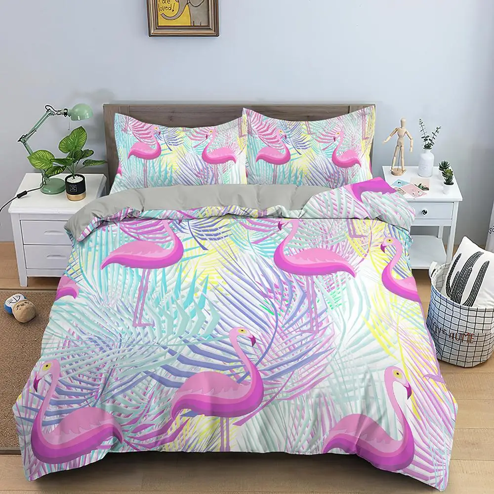 

Colorful Tropical Leaves Painting Flamingo Bedding Set Bed Linen Floral Quilt Cover Bedclothes Soft Bed Set Queen/King Size