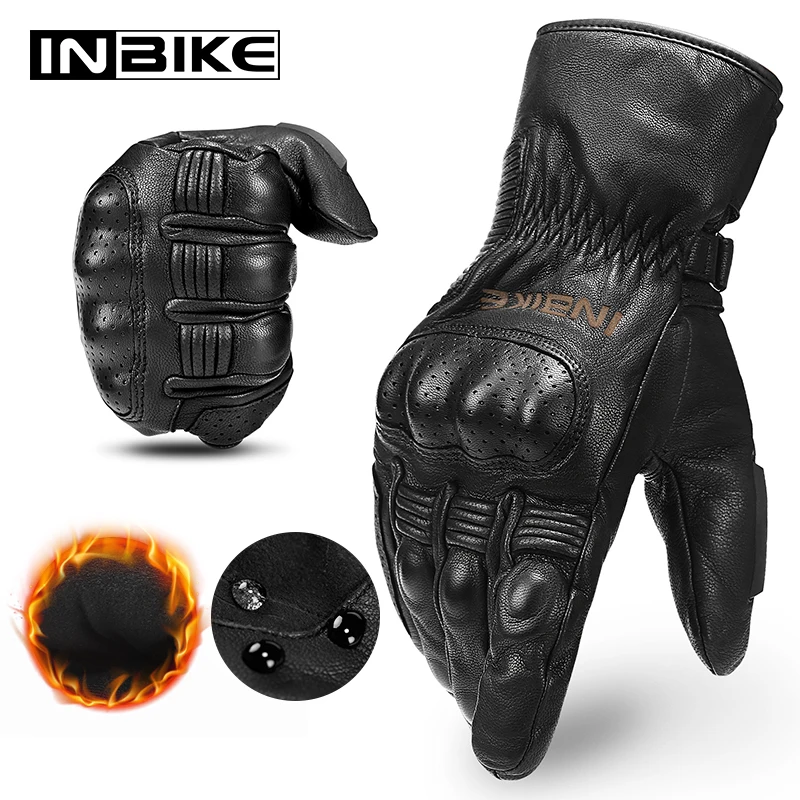 INBIKE Winter Motorcycle Gloves Genuine Leather Thermal Windproof Motorbike Gloves Guantes Moto Gloves Waterproof Men Shockproof