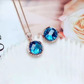 

Fidelity Natural 10mm blue topaz s925 sterling silver classic fine jewelry sets for women party natural gemstone rings Pendant