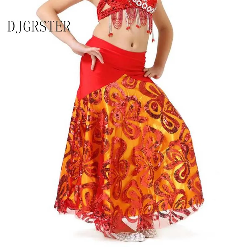 DJGRSTER 1pcslot children Sequins belly dancing skirt girl chiffon candy color Split long dancing skirt stage performance skirt (4)