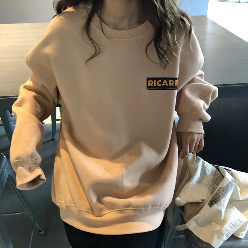 Beige Харадзюку мультфильм английский принт толстовка женская Повседневная с длинным рукавом Свободный пуловер с капюшоном осенний и зимний флисовый пуловер с капюшоном - Цвет: Beige