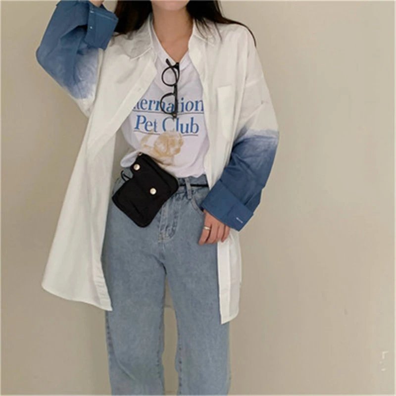 

New Women's Tie Dye Shirts Fall Minimalist Casual Loose POLO Collar Mid-length Blouses For Female Streetwear Outwear Shirt Top
