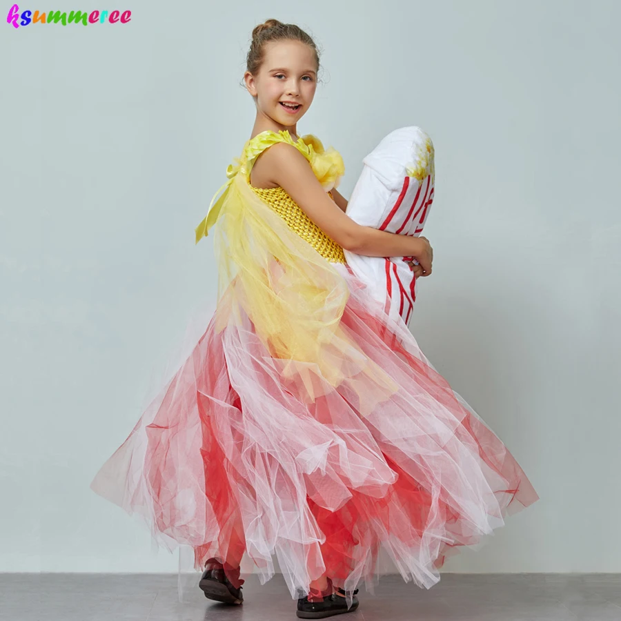 Adorable Popcorn Inspired Girls Tutu Dress Red & White Tulle Children Birthdays Halloween Dress Up Costume Kids Flower Ball Gown