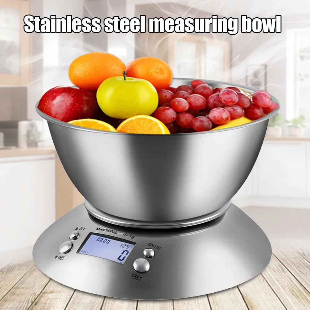 11lb 5kg Stainless Steel Digital Kitchen Food Bowl Scale with Clock Temperature 