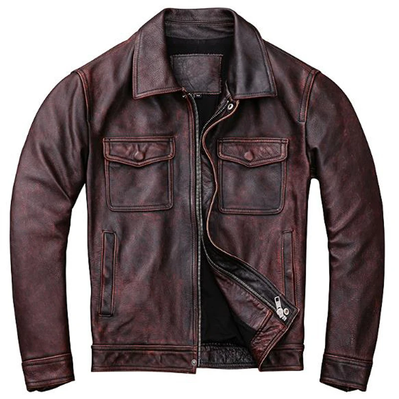 

American Retro Corium Cow Leather Mens Jackets Plus Size 4XL First Layer Cow Leather Jackets and Coats Automotive Overcoats A819