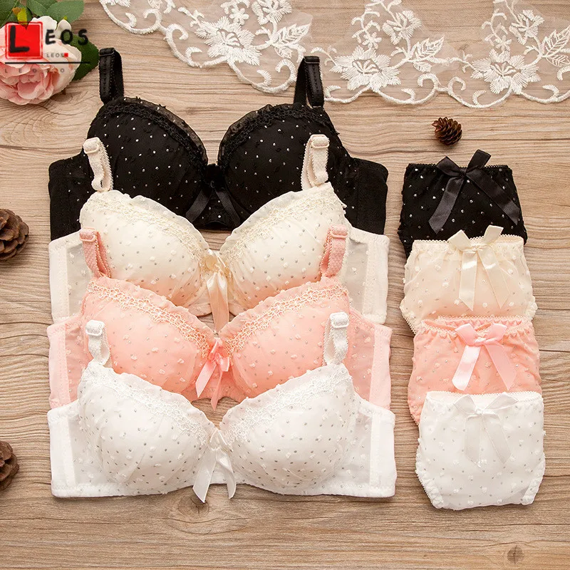 

Maiden Cotton Underwear Set Lace Floral Bra Suits for Women Small Cup Students Lingerie Cute Bars Triangle Panties 2Pcs Outfits