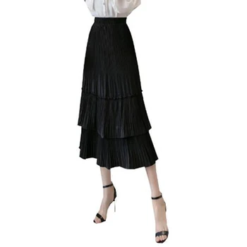 

2020 2 Layered Women Skirt Black White Korean Style Long Skirt Summer Pleated Skirt Chiffon layer cake sun skirt female