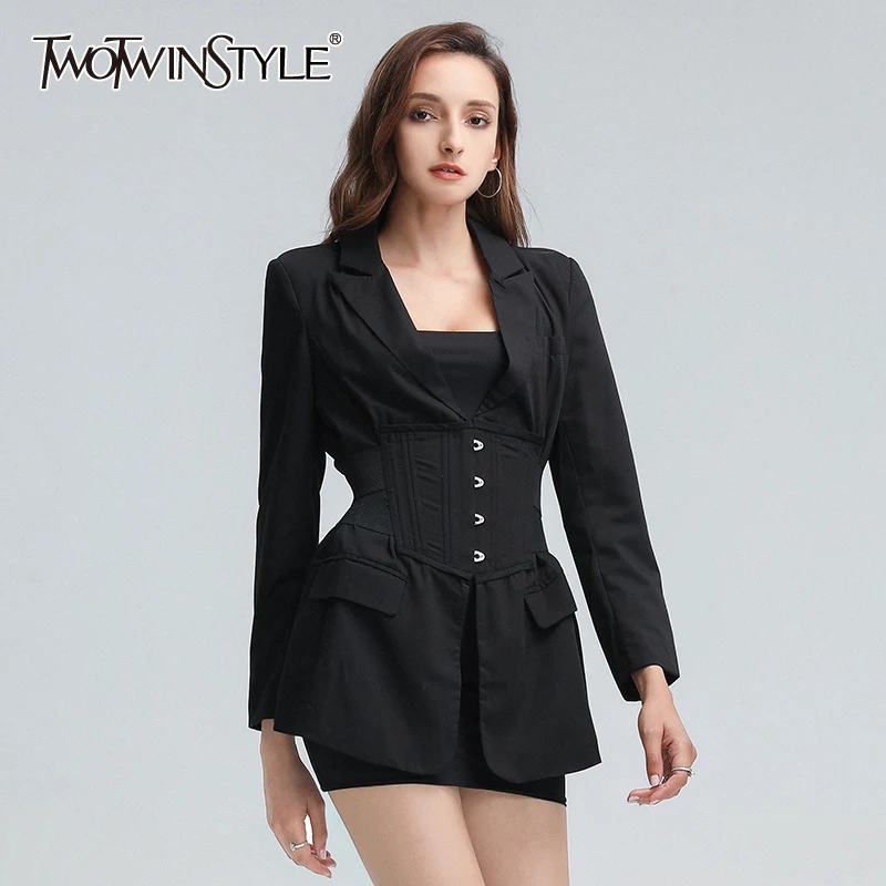 

TWOTWINSTYLE Slim Elegant Blazer For Women Notched Long Sleeve Patchwork High Waist Black Blazers Female New Clothes 2020 Autumn