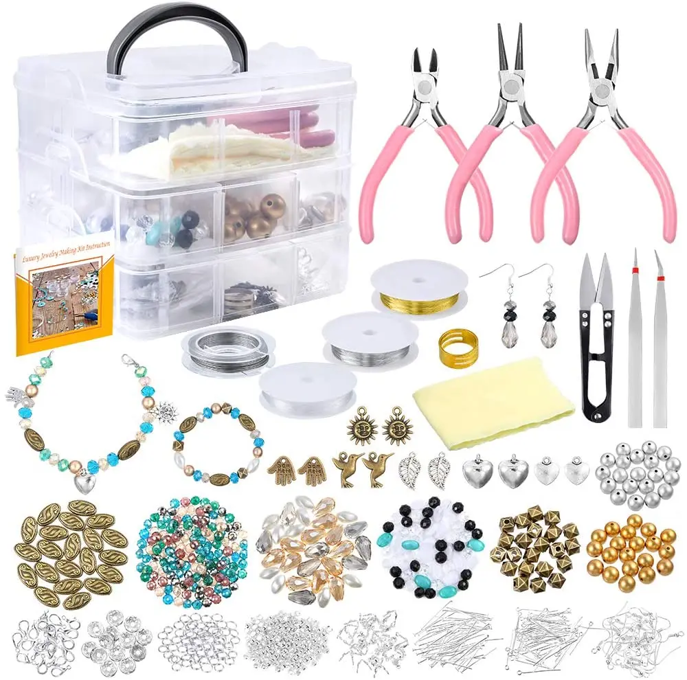 

Jewelry Making Kit Beads Findings Pliers Cutters Tweezers Wire Storage Case for DIY Necklace Bracelet