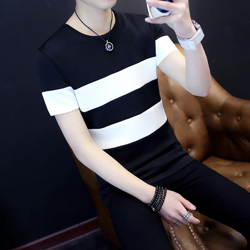

Summer Men's Short-sleeved round Collar T-shirt Mixed Colors Stripes Slim Fit Korean-style Teenager Base Shirt Men'S Wear T-shir